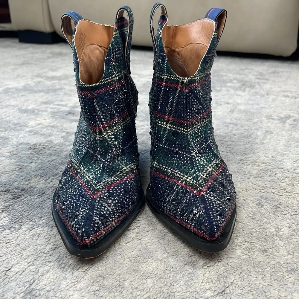 New Jessica Simpson Zadie Rhinestone Plaid Tartan Ankle Boots Western Sz 5.5